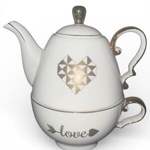 LOVE 3-pc Teapot & Cup Set White Gold Heart & Arrow Coffee Tea Gift VERY GOOD
